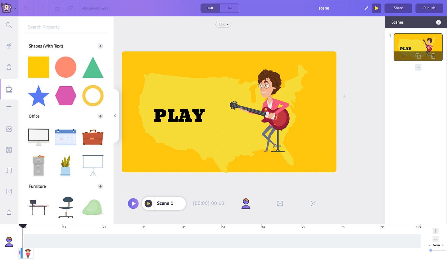 Animaker editor interface showing drag-and-drop 2D animation with character, shapes, and scene builder