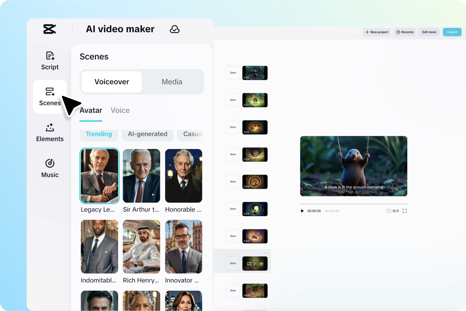 CapCut AI video maker interface showing scene builder with avatar selection, voiceover options, and video preview