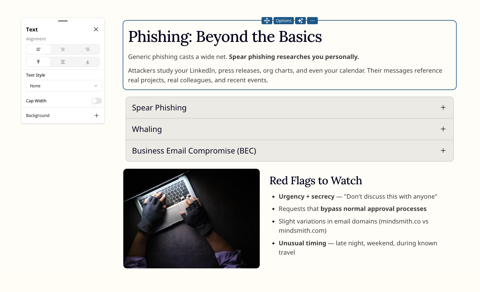 Mindsmith AI course authoring interface showing generated phishing training module with expandable sections and red flags checklist