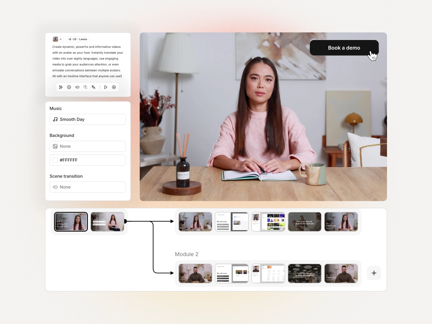Colossyan video editor showing branching module workflow with multiple scenes