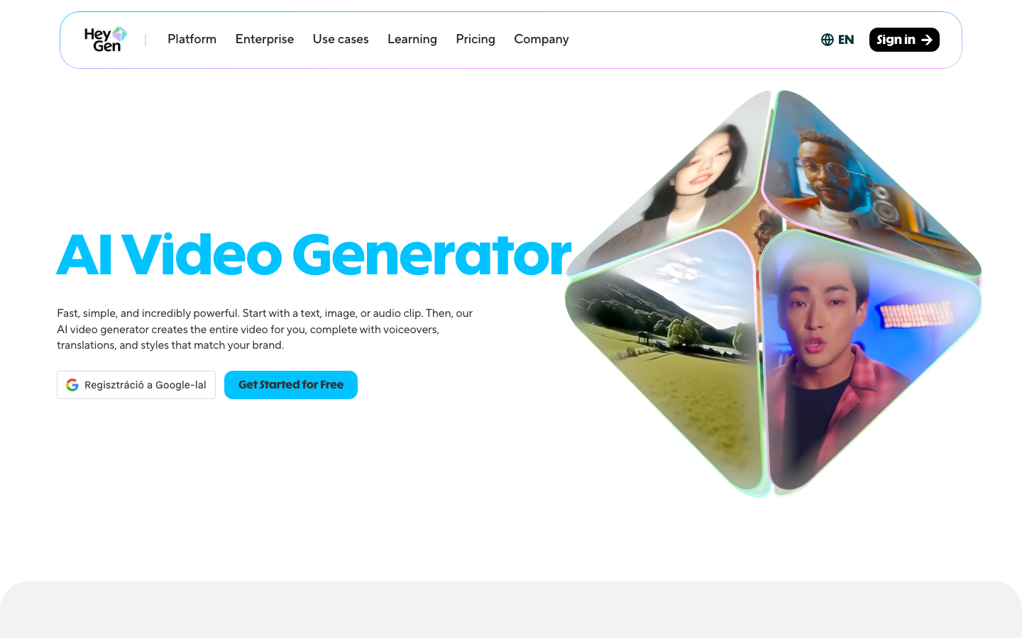 HeyGen homepage showing AI Video Generator hero section