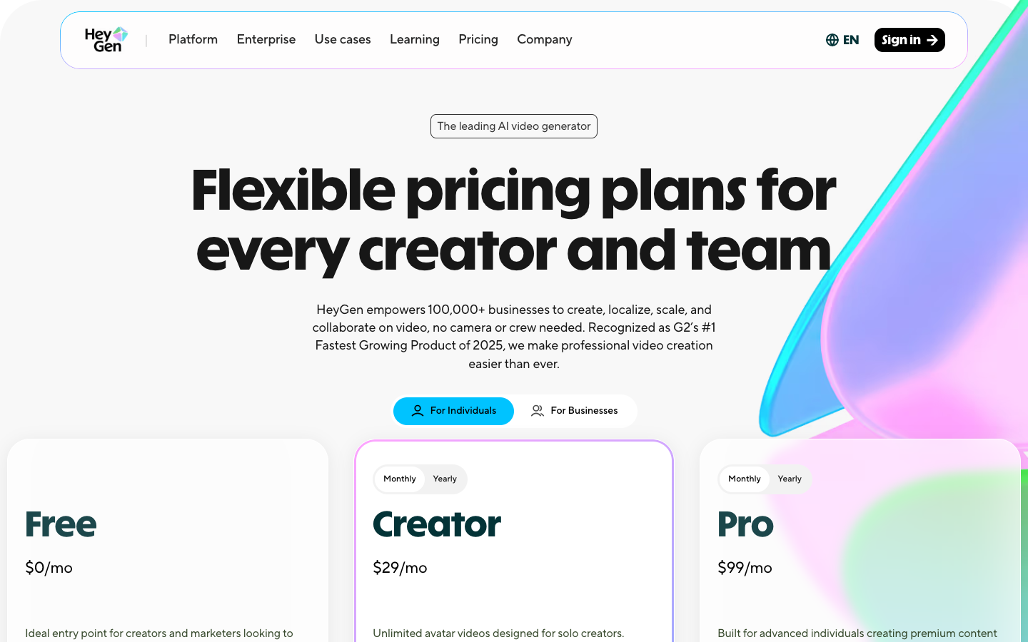 HeyGen pricing page showing Free, Creator at $29/mo, and Pro at $99/mo plans