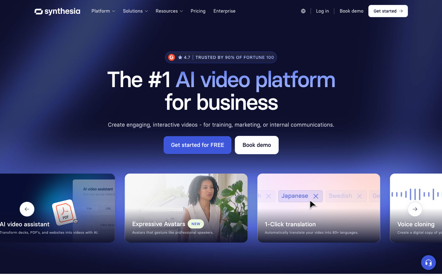 Synthesia features page showing AI video assistant, expressive avatars, one-click translation, and voice cloning