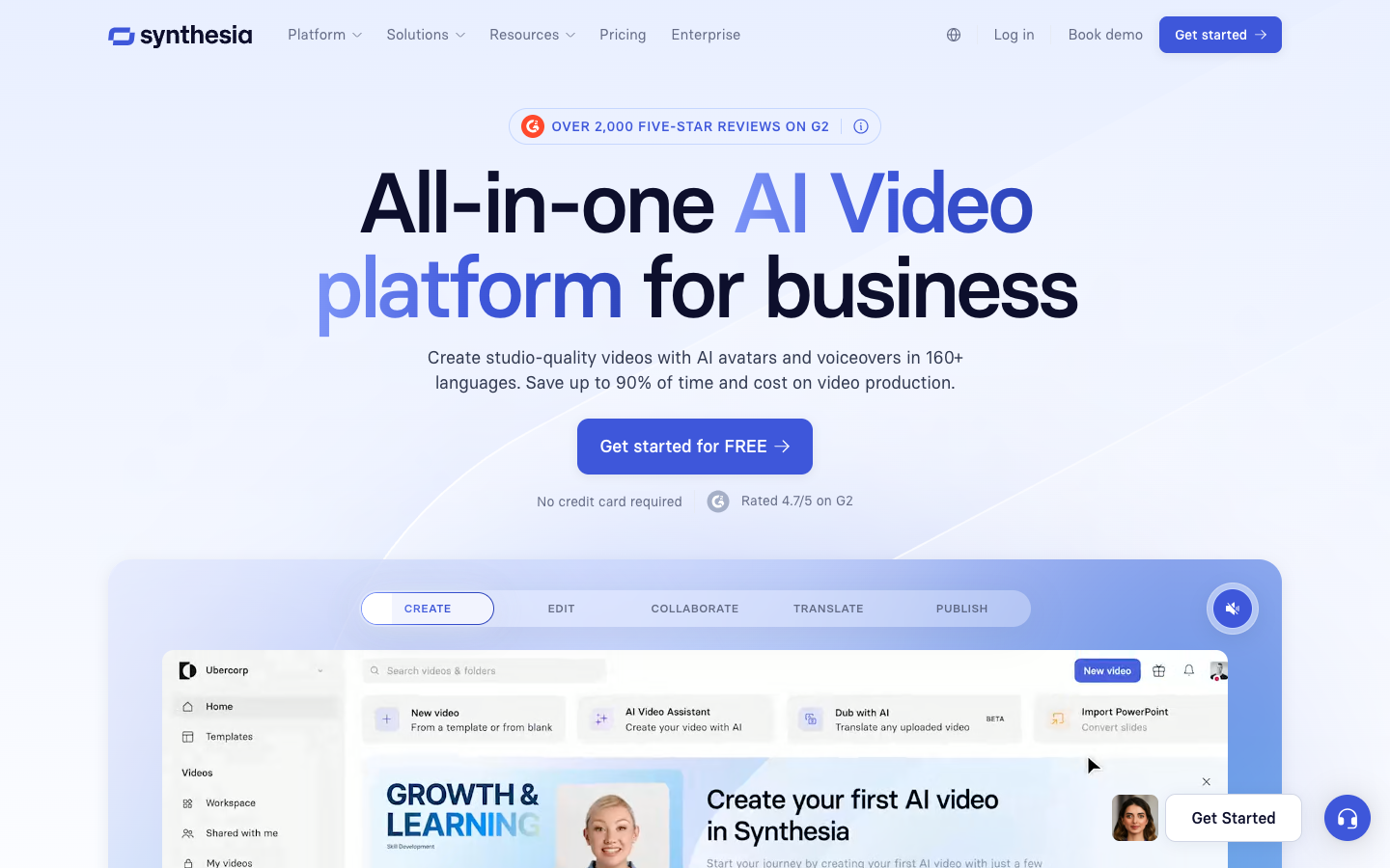Synthesia homepage showing All-in-one AI Video platform for business with 160+ language support