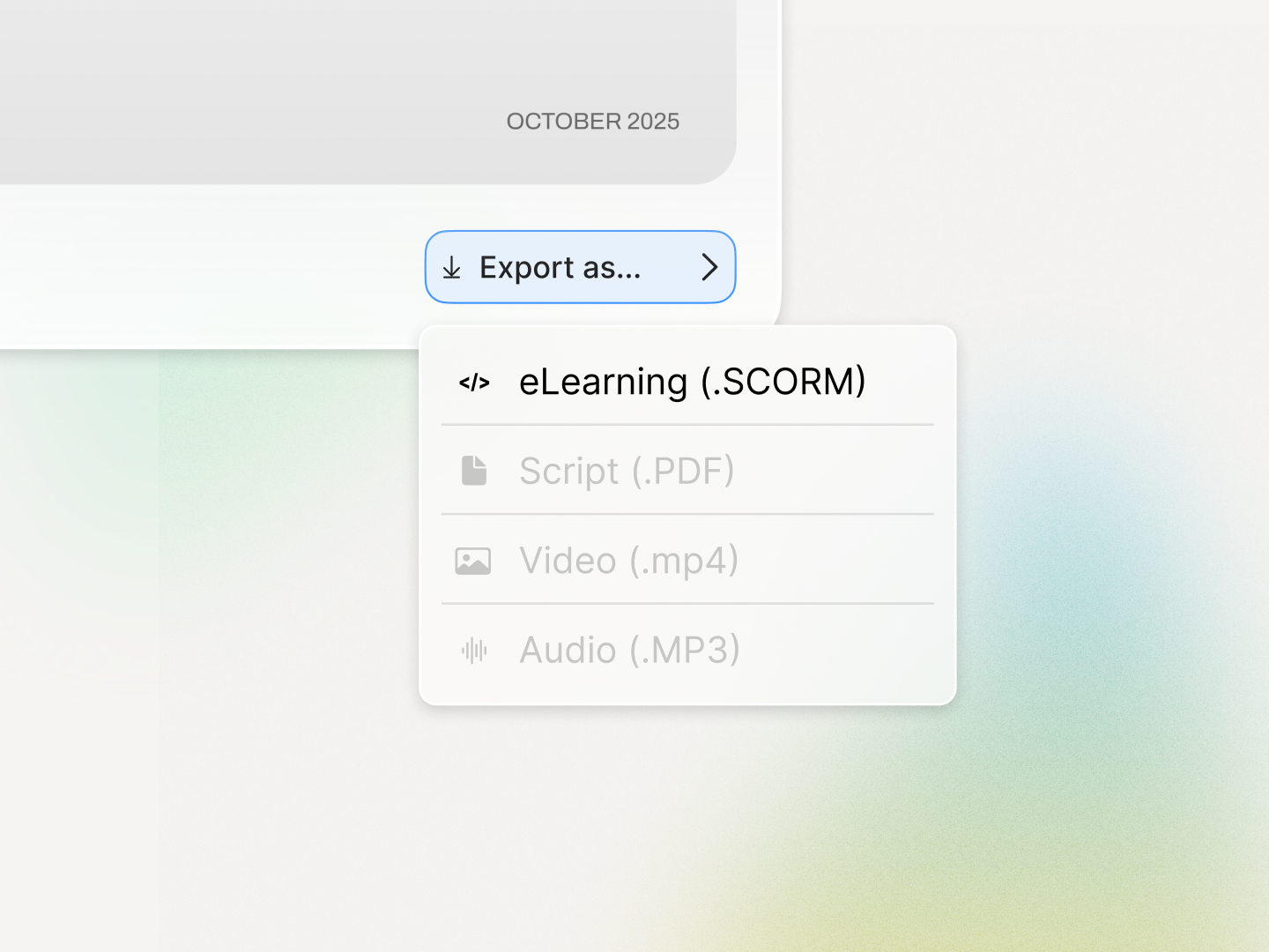 Colossyan editor showing SCORM export options for an interactive video