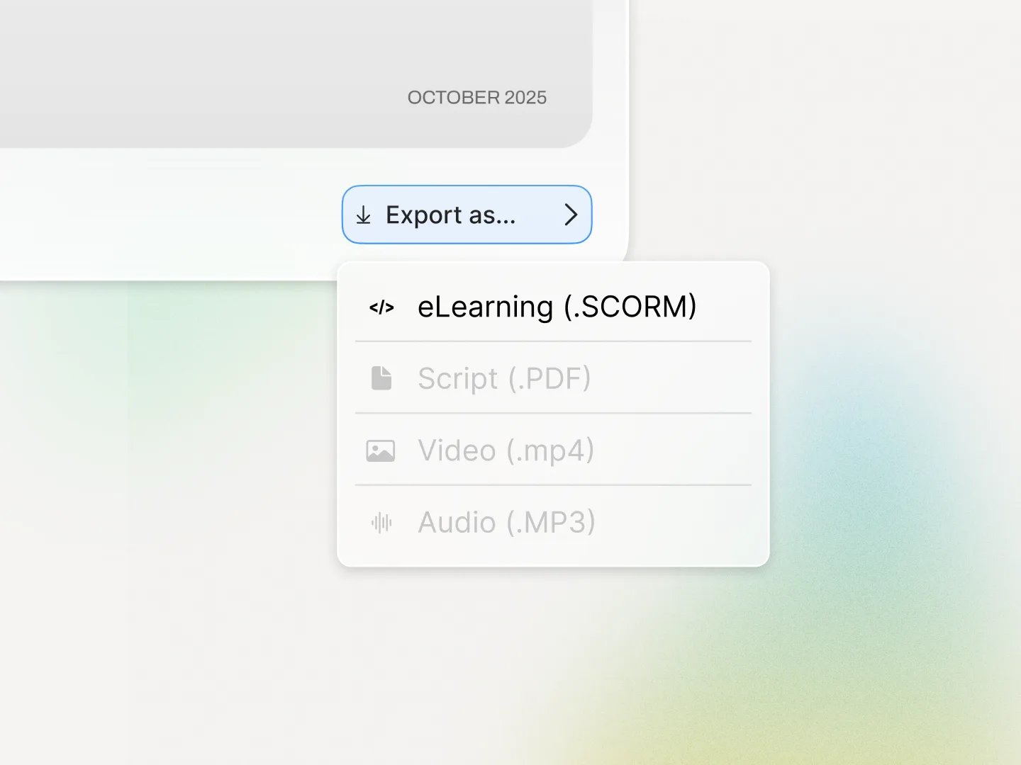 Colossyan editor showing SCORM export options for an interactive video
