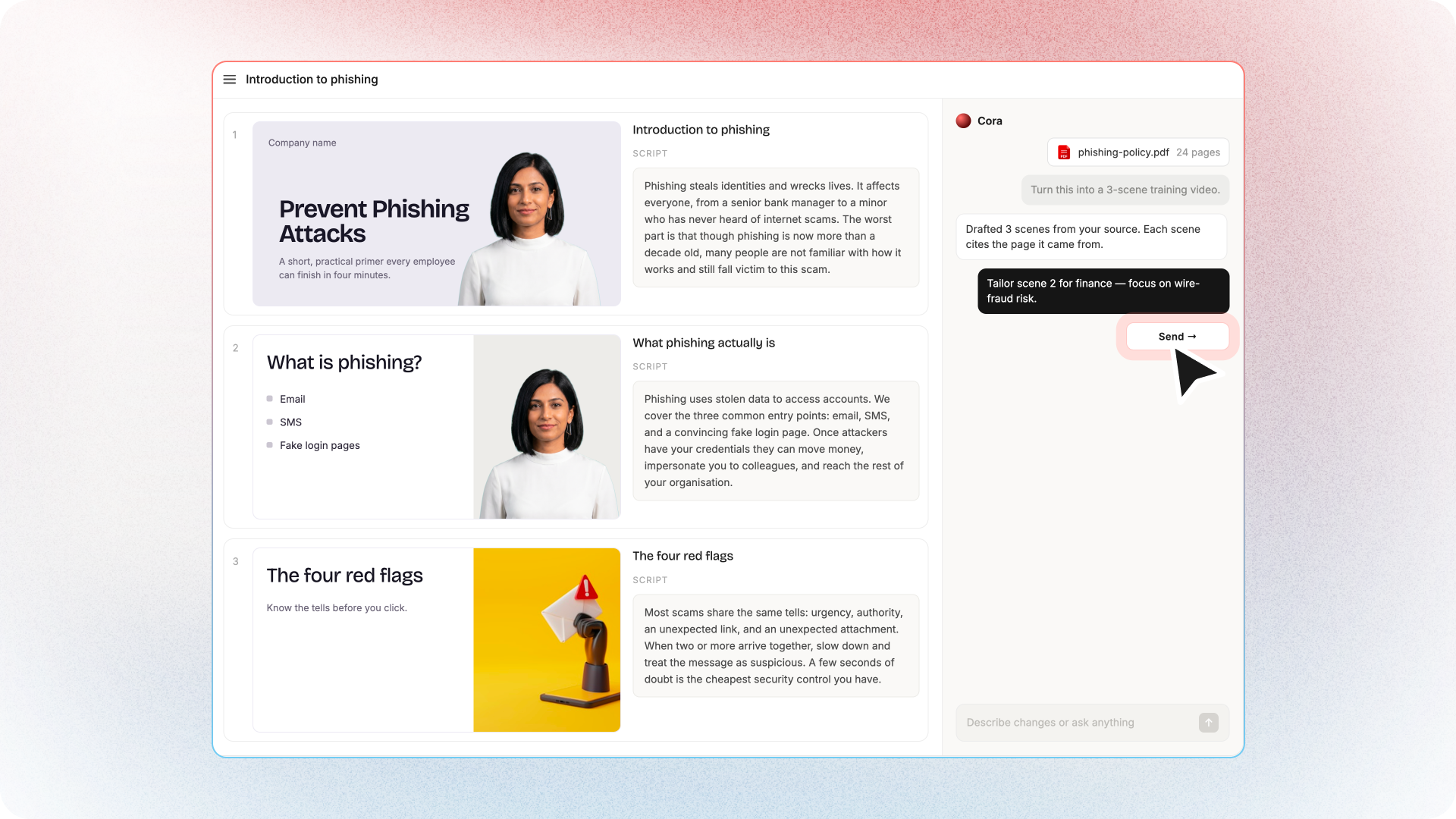 Cora's video plan view with editable scenes, scripts, and chat-based revisions