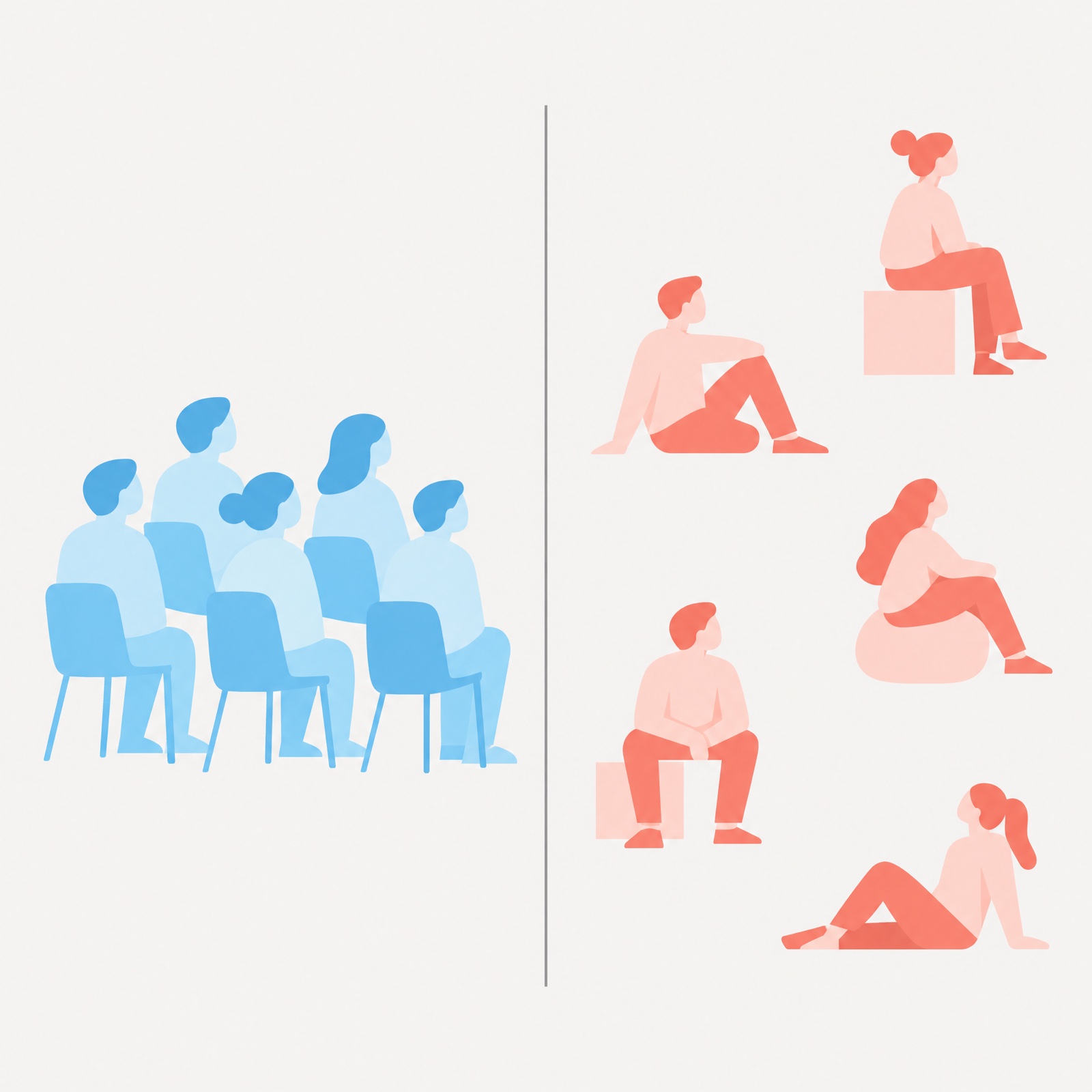 Abstract figures grouped together on one side and spread apart on the other, representing live and self paced training