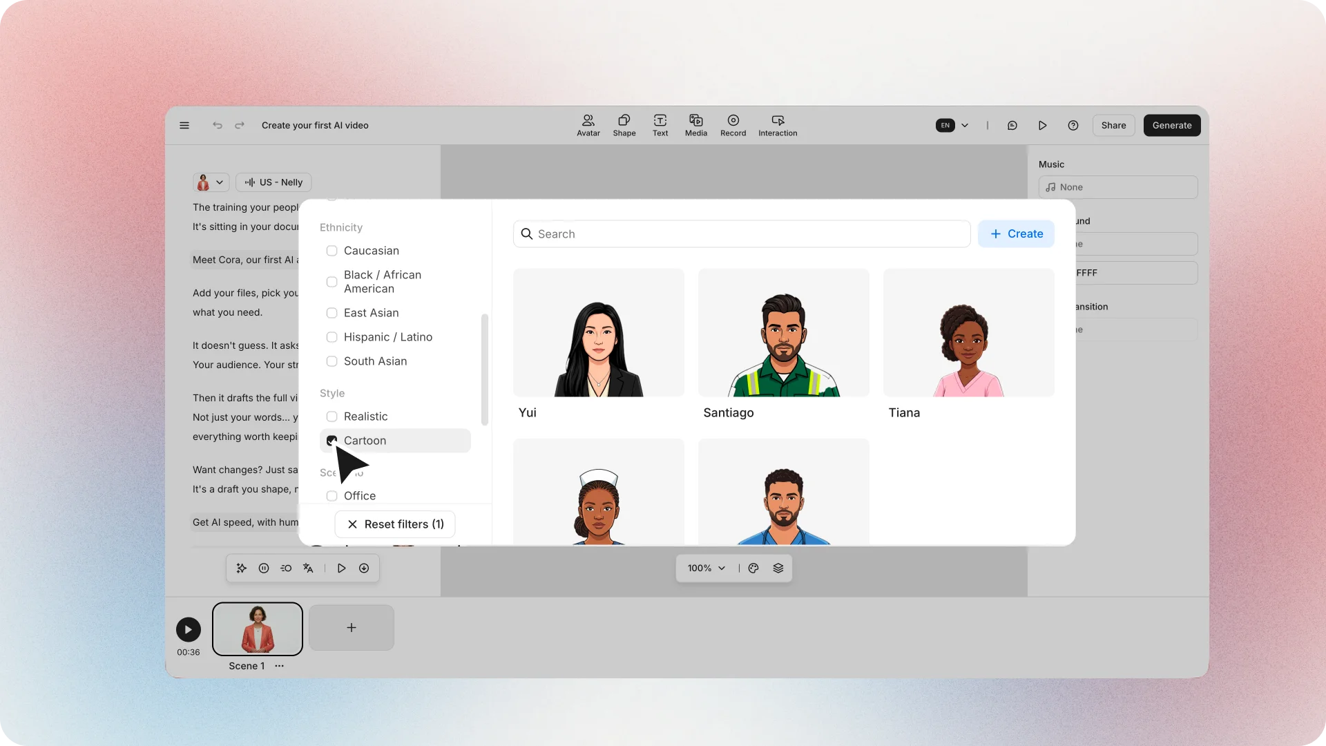 Cartoon avatar filter in the Colossyan editor