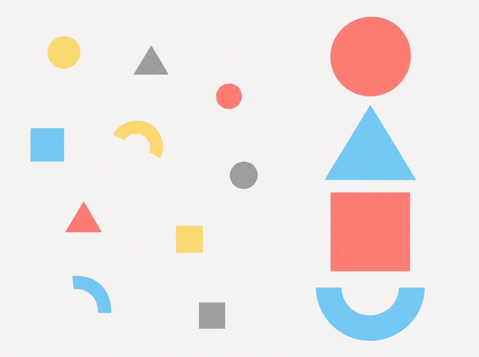 Scattered geometric shapes on the left and four of them selected and stacked in order on the right, representing choosing which learning theories to build around