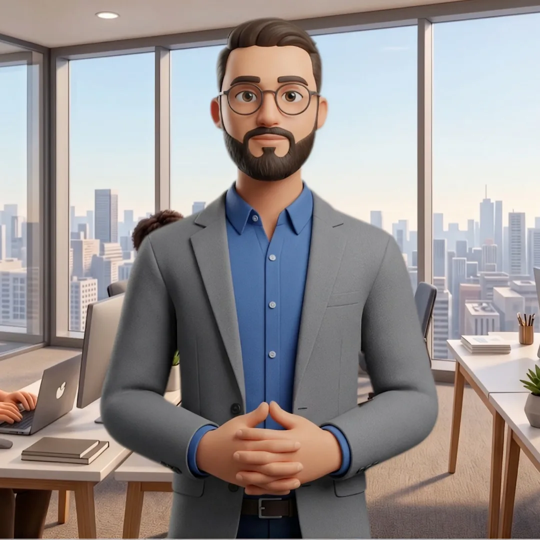 Cartoon-style AI presenter delivering a script