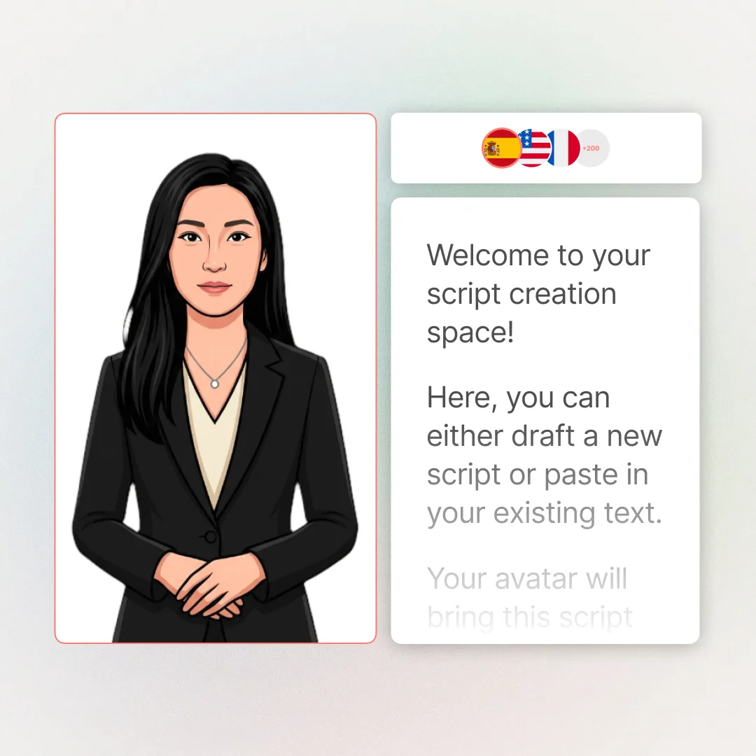 Script editor with text input for a cartoon avatar video