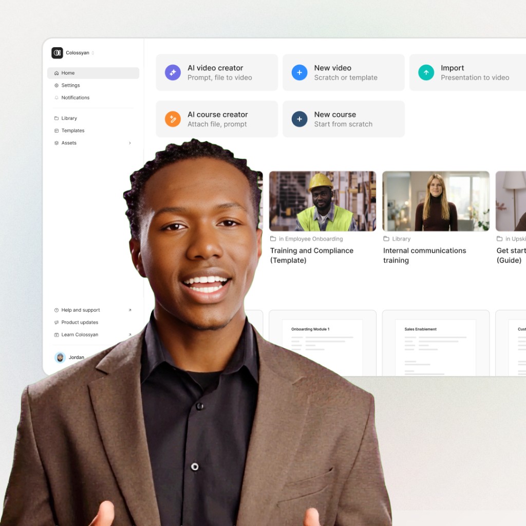 Colossyan dashboard with the AI video creator and library of customer education templates next to a smiling presenter