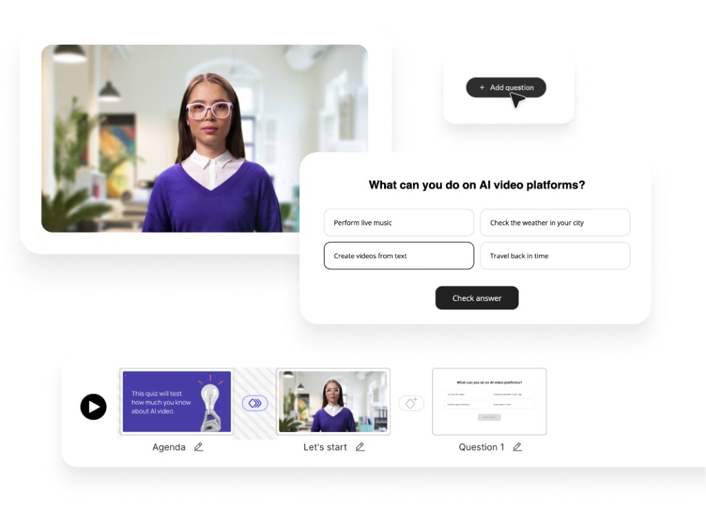 Colossyan AI avatar video editor with quiz questions and video slides