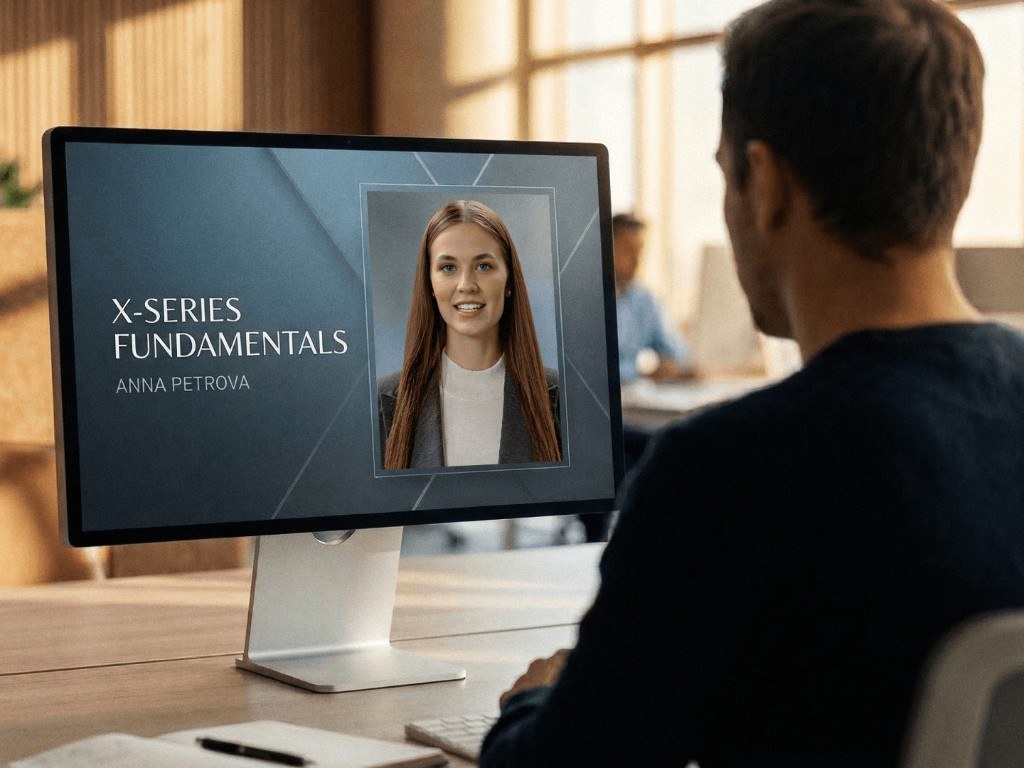 Employee watching an internal communications video on a desktop monitor