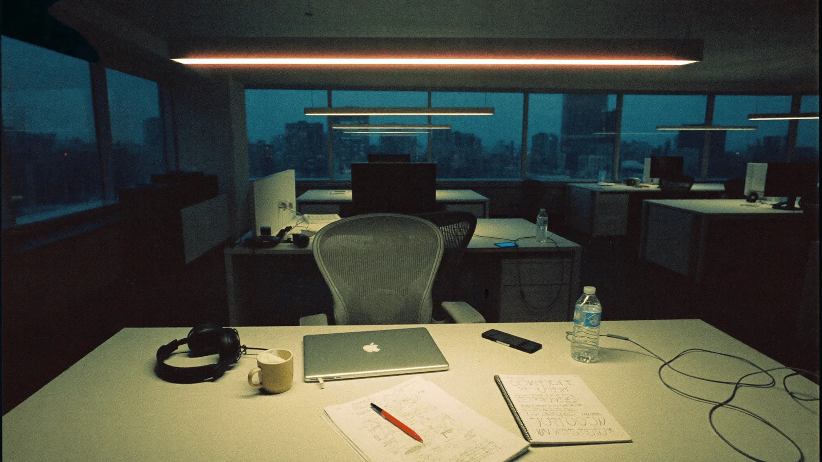 A single lit workstation in an otherwise dark open-plan office at night: closed laptop, headphones, an open notebook with hand-written notes, a cold cup of coffee. The empty chair pushed back from the desk.