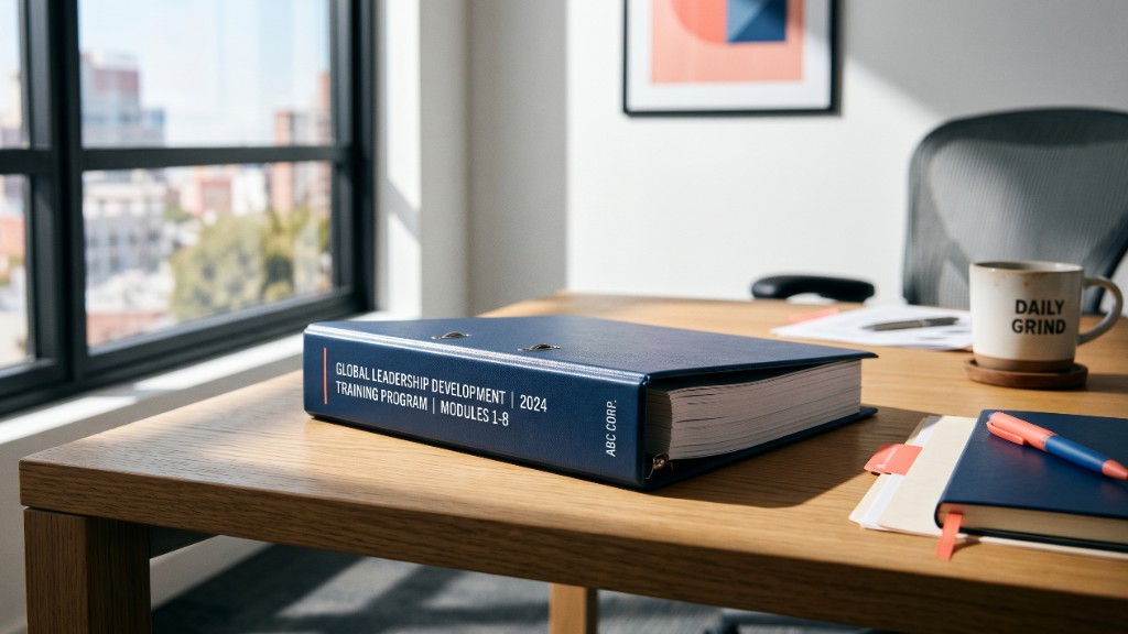 A thick navy training binder labeled "Global Leadership Development Training Program 2024, Modules 1-8" sitting on a wooden desk next to a coffee mug and notebook