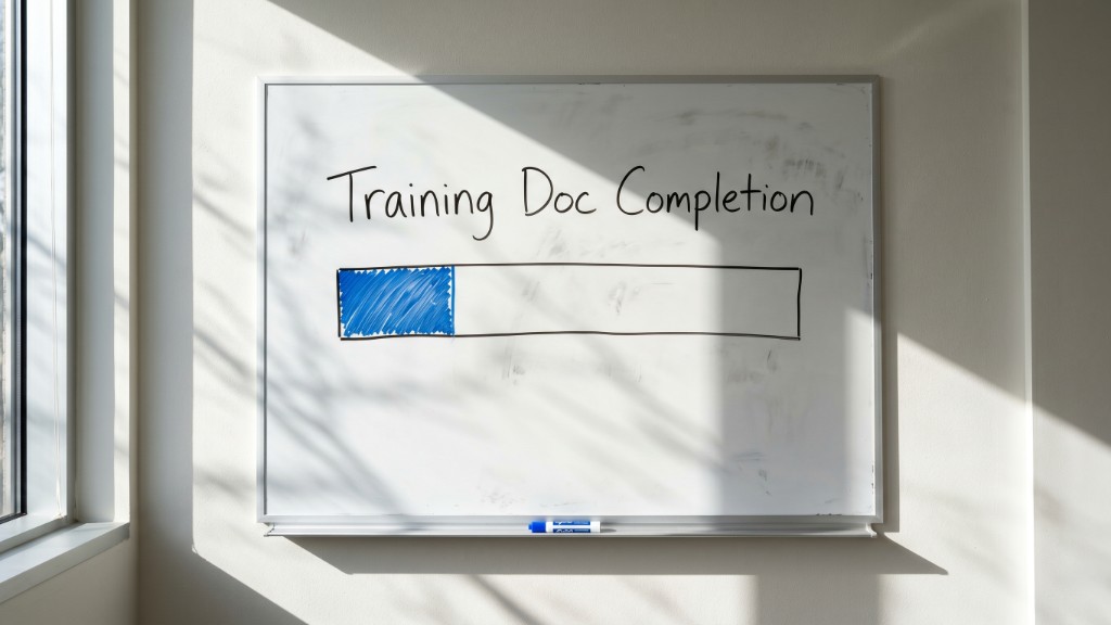 A whiteboard with "Training Doc Completion" written above a progress bar that is only partially filled in blue marker