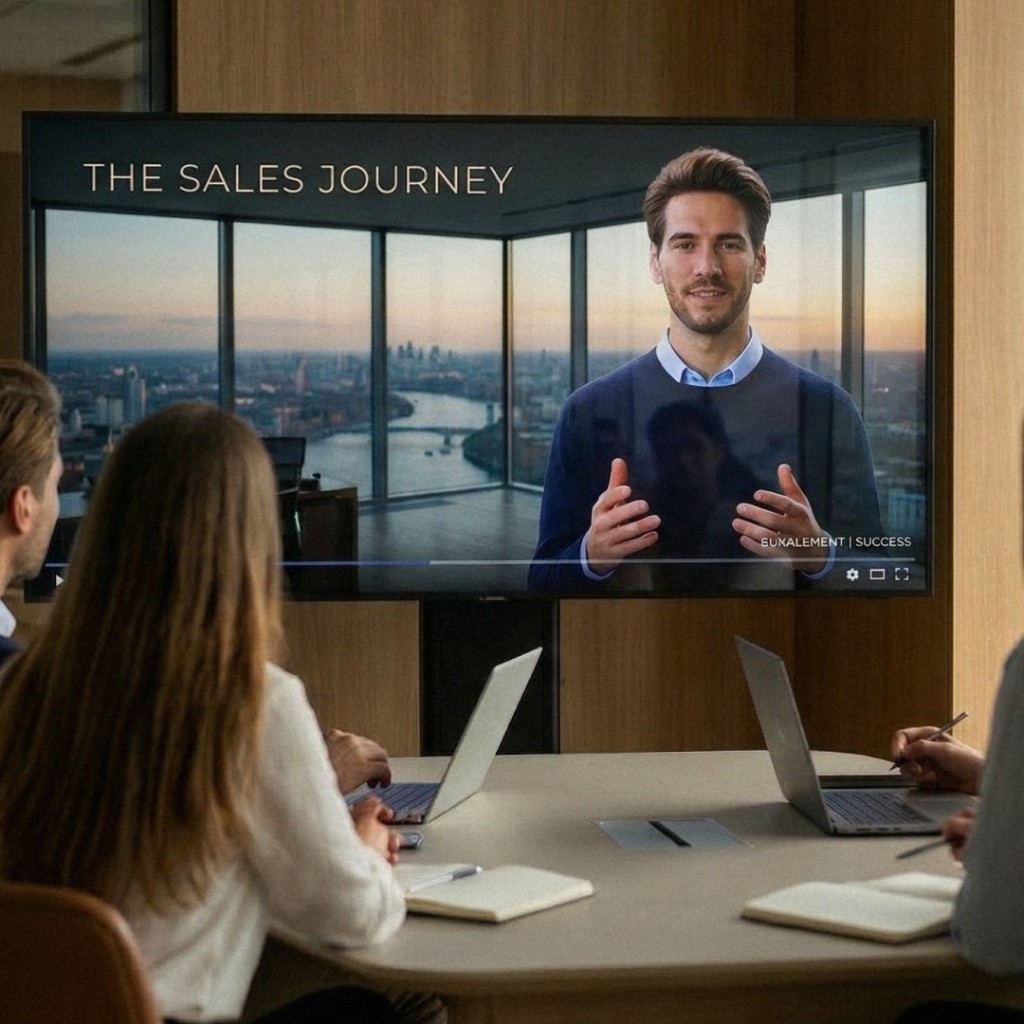 Sales team in a meeting room watching an AI-generated 'The Sales Journey' training video on a wall-mounted display
