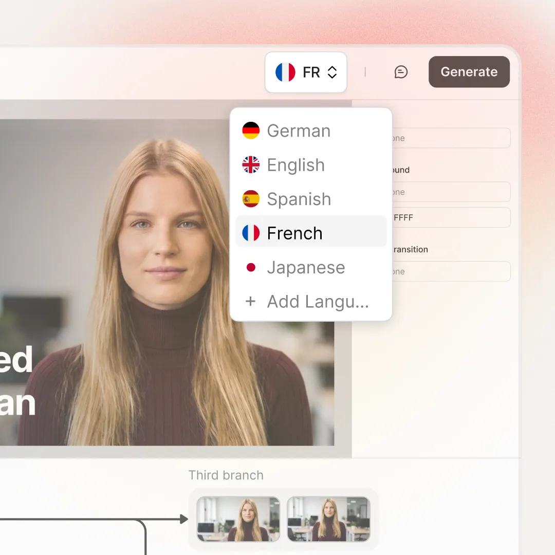 Colossyan editor with a multilingual video and language selector