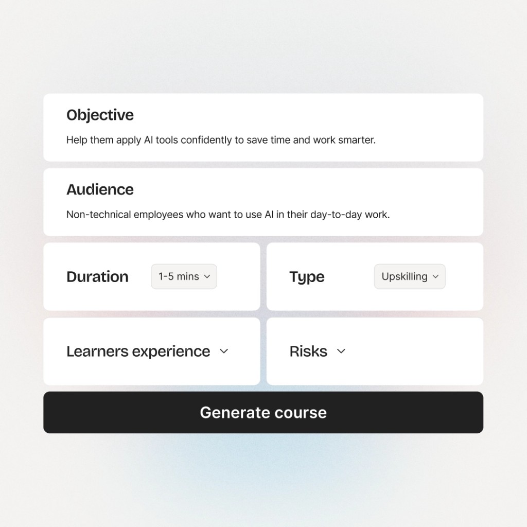Colossyan course generation interface with objective, audience, duration, and type fields
