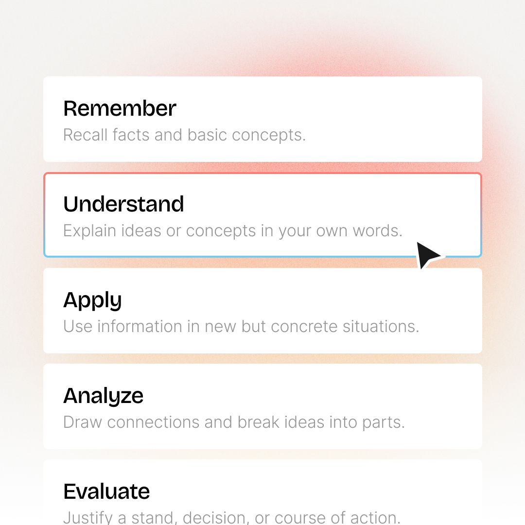 Selecting a Bloom's Taxonomy level in the objectives builder
