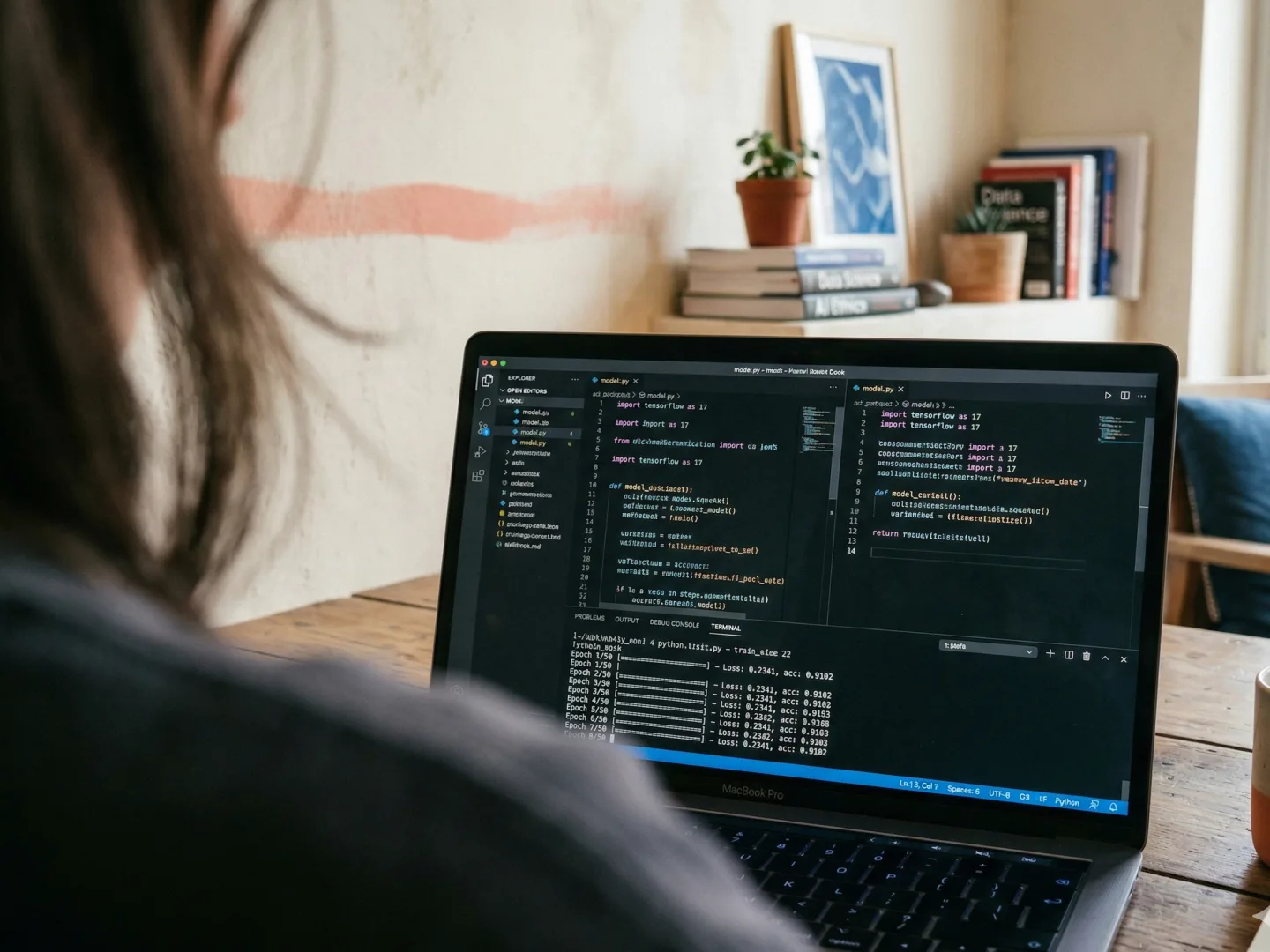 Developer working in a code editor with a terminal open alongside it