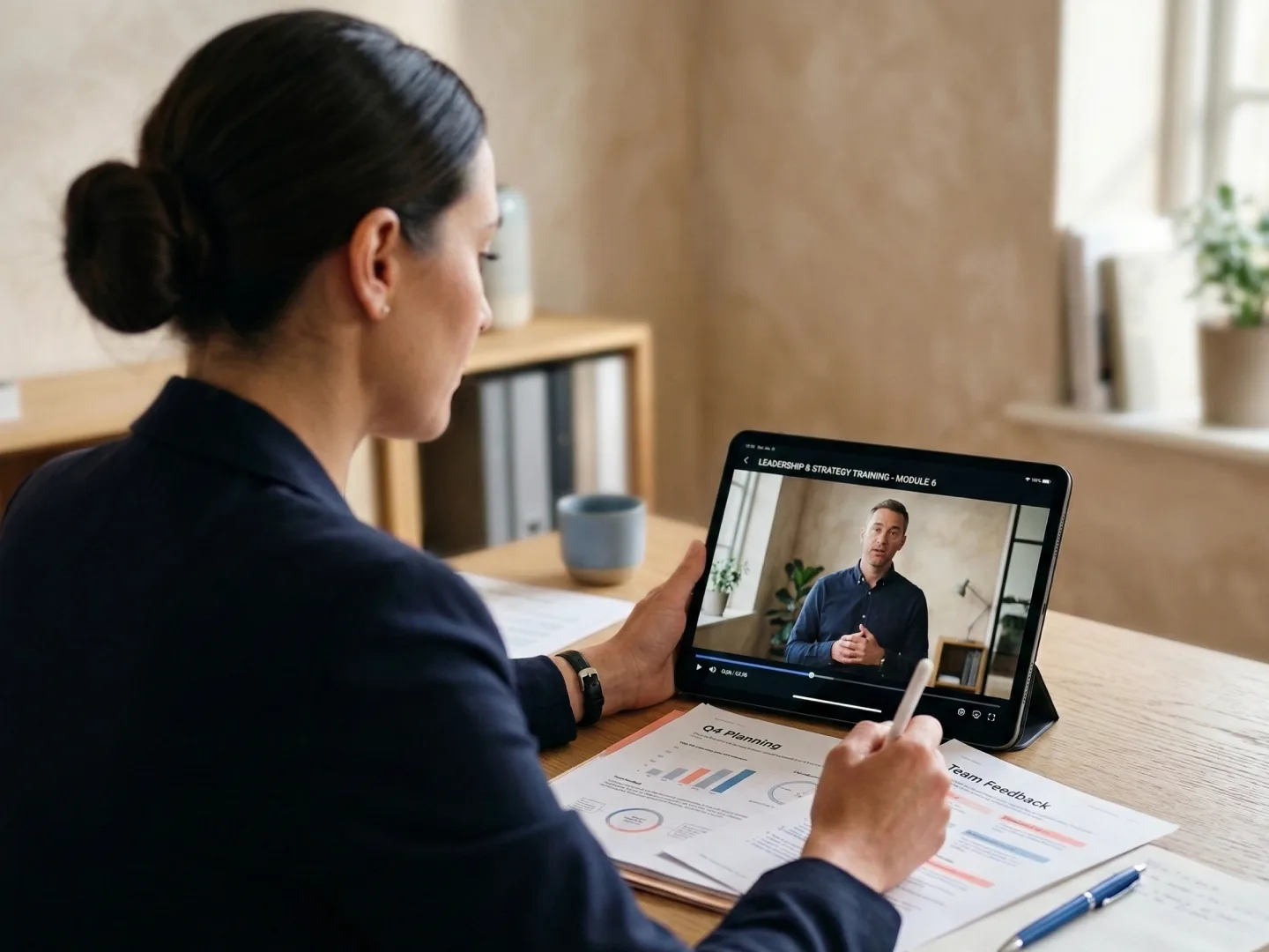 Someone reviewing a training video on a tablet while marking up printed charts