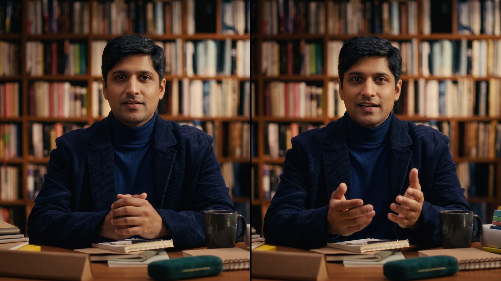 Two side by side frames of the same avatar presenter, generated by the NEO 2 Latent Cascade
