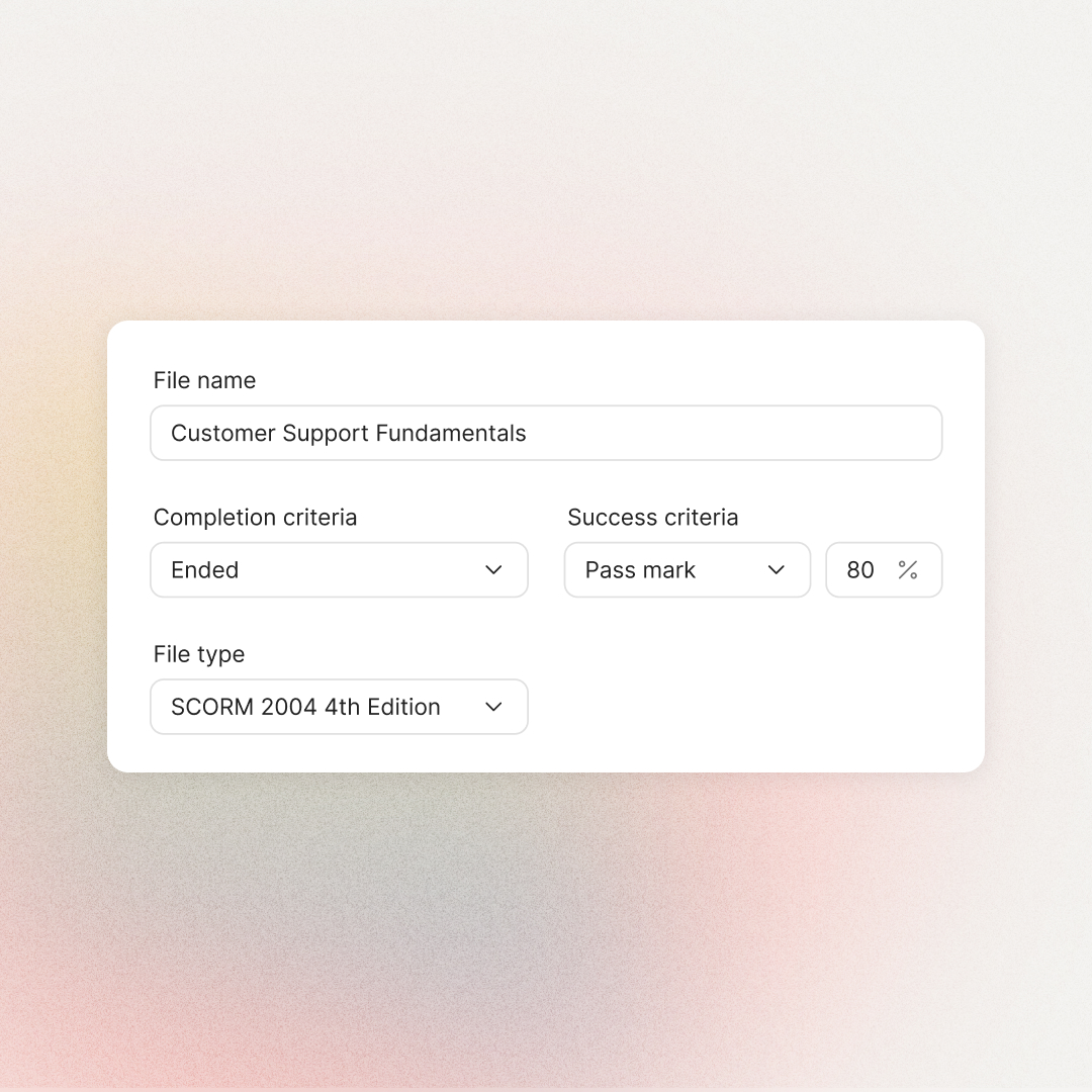 Learn export settings showing completion and success criteria