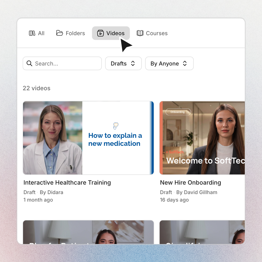 Colossyan Video library showing the Videos tab