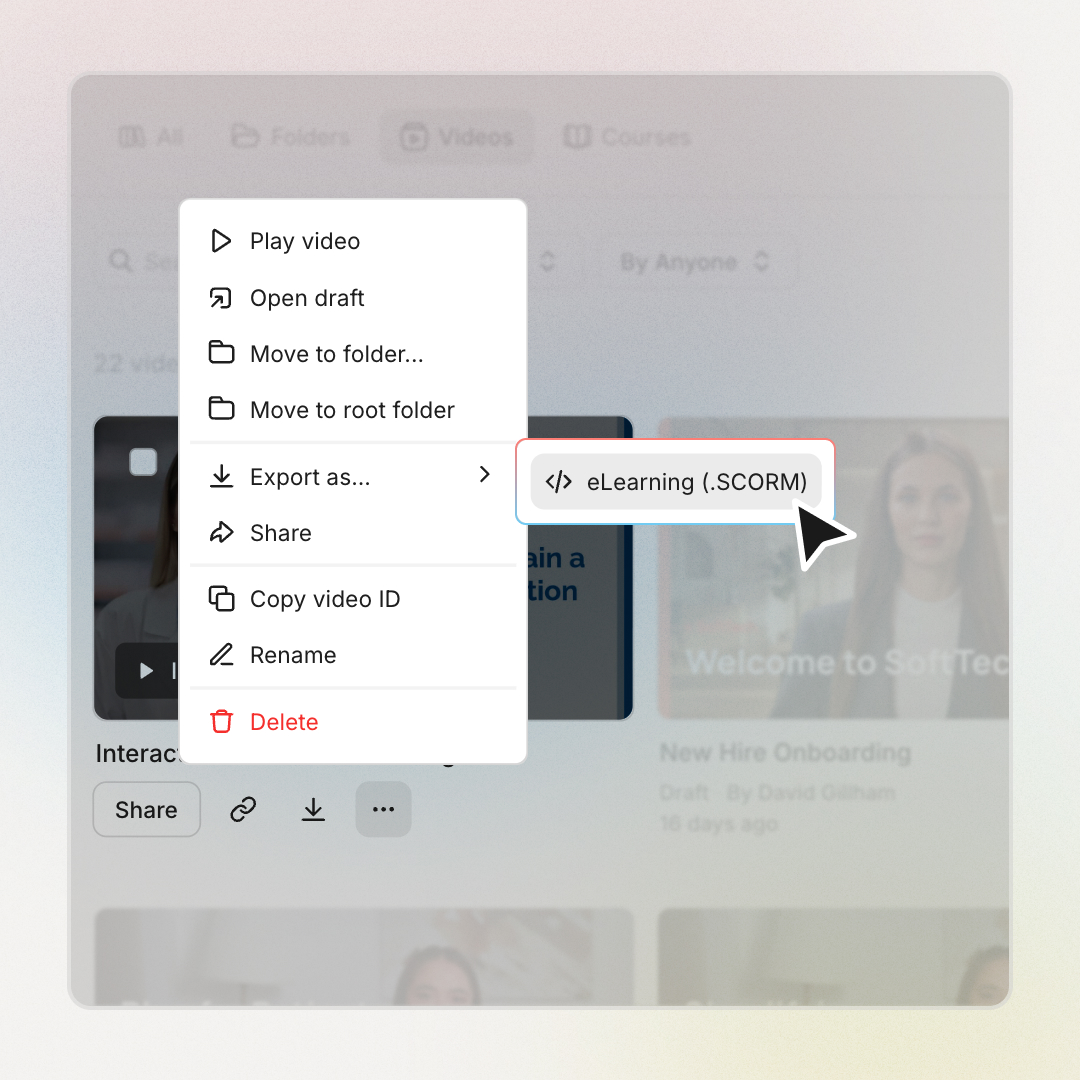 Three-dot menu on a video thumbnail with the Export as option