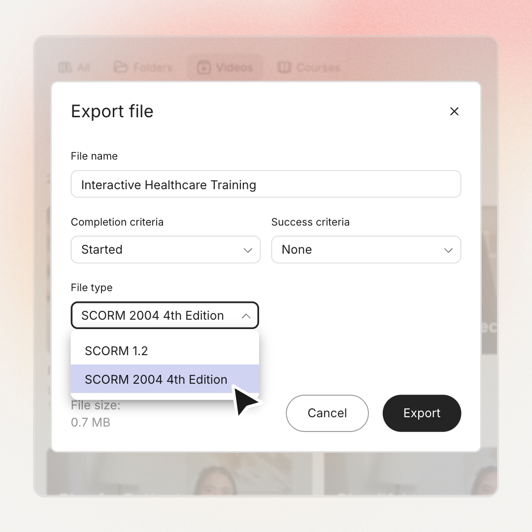 SCORM version selector showing 1.2 and 2004