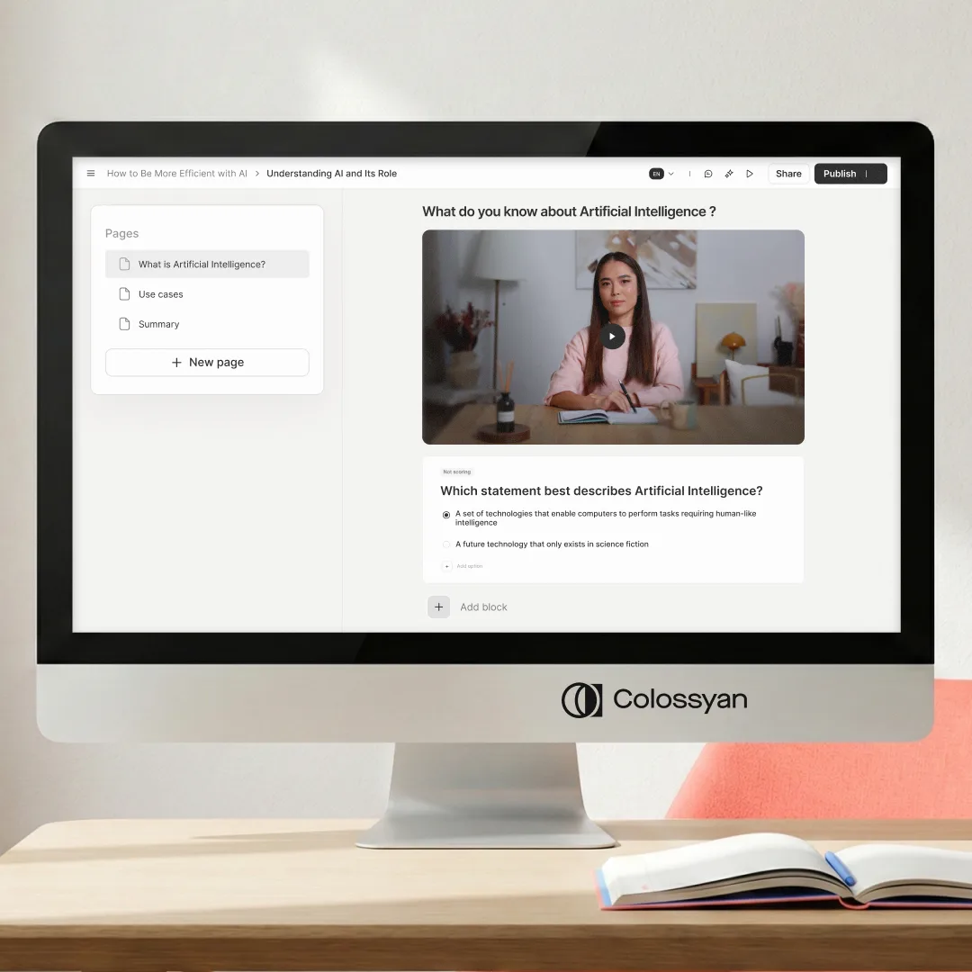 The Colossyan course builder turning a procedure into a video lesson with a knowledge check and completion tracking