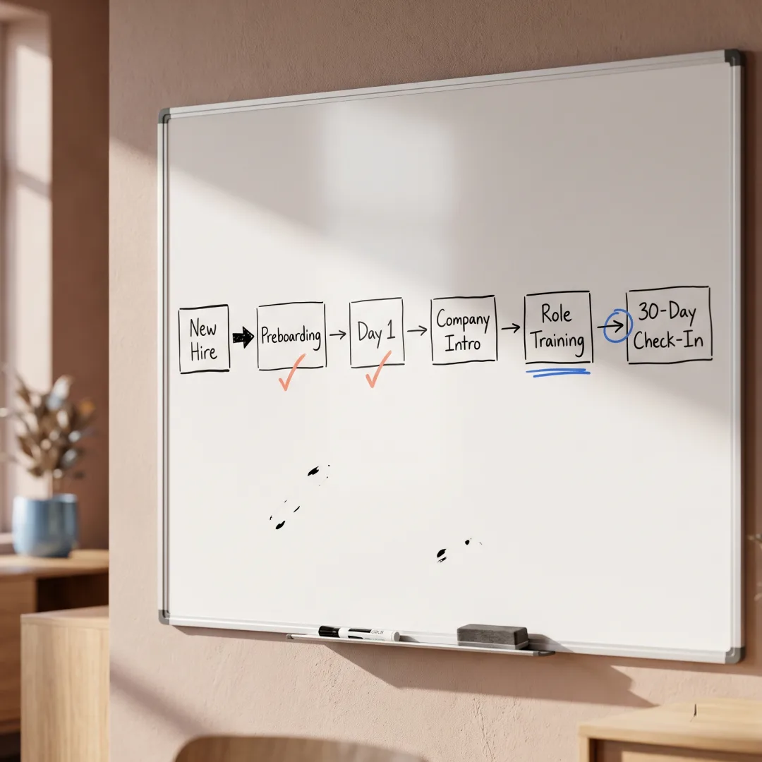 A new-hire onboarding process drawn on a whiteboard, from New Hire through Role Training to a 30-Day Check-In