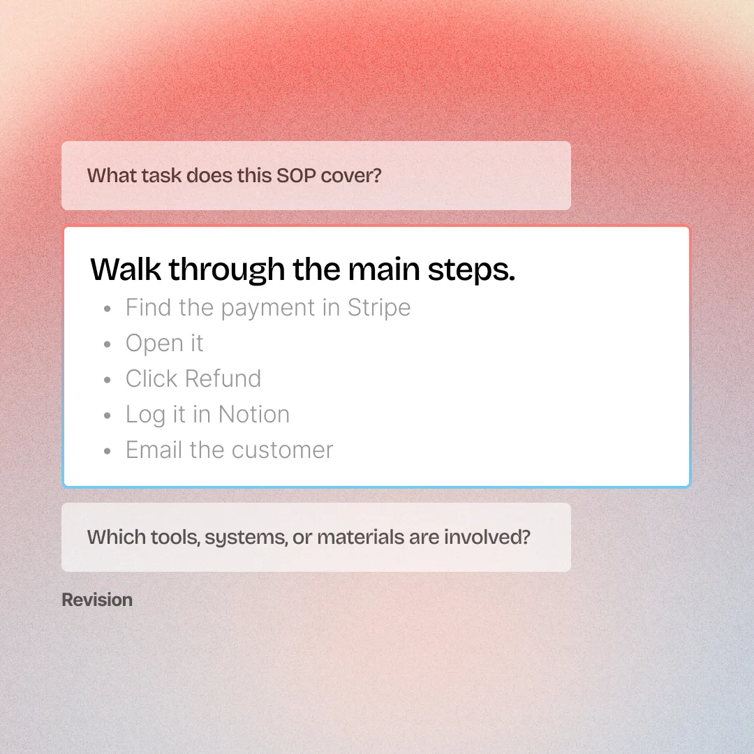 The interview capturing the procedure's main steps in order, from finding the Stripe payment to emailing the customer