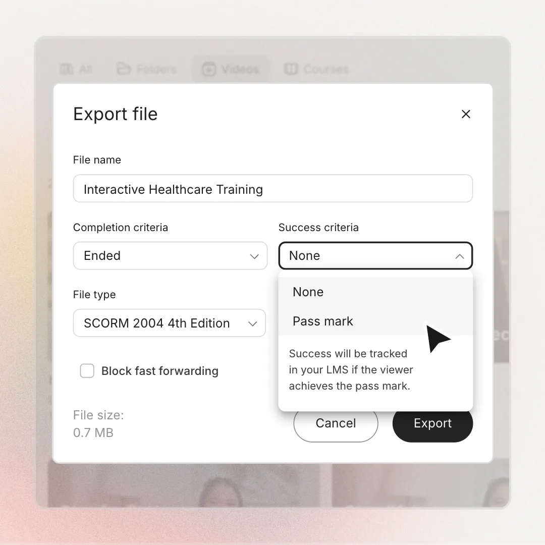 Colossyan export dialog with SCORM completion and success criteria options