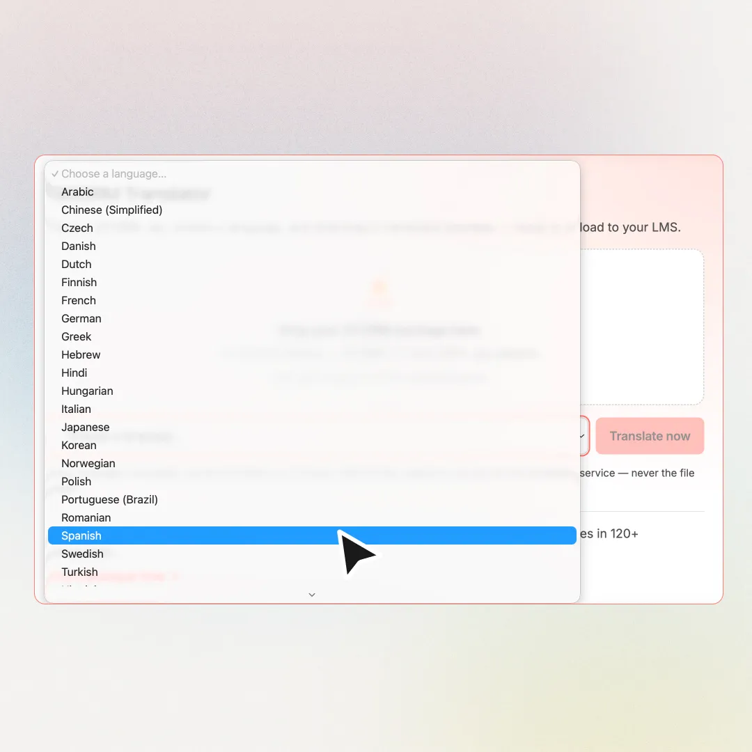 Choosing a target language in the SCORM translator