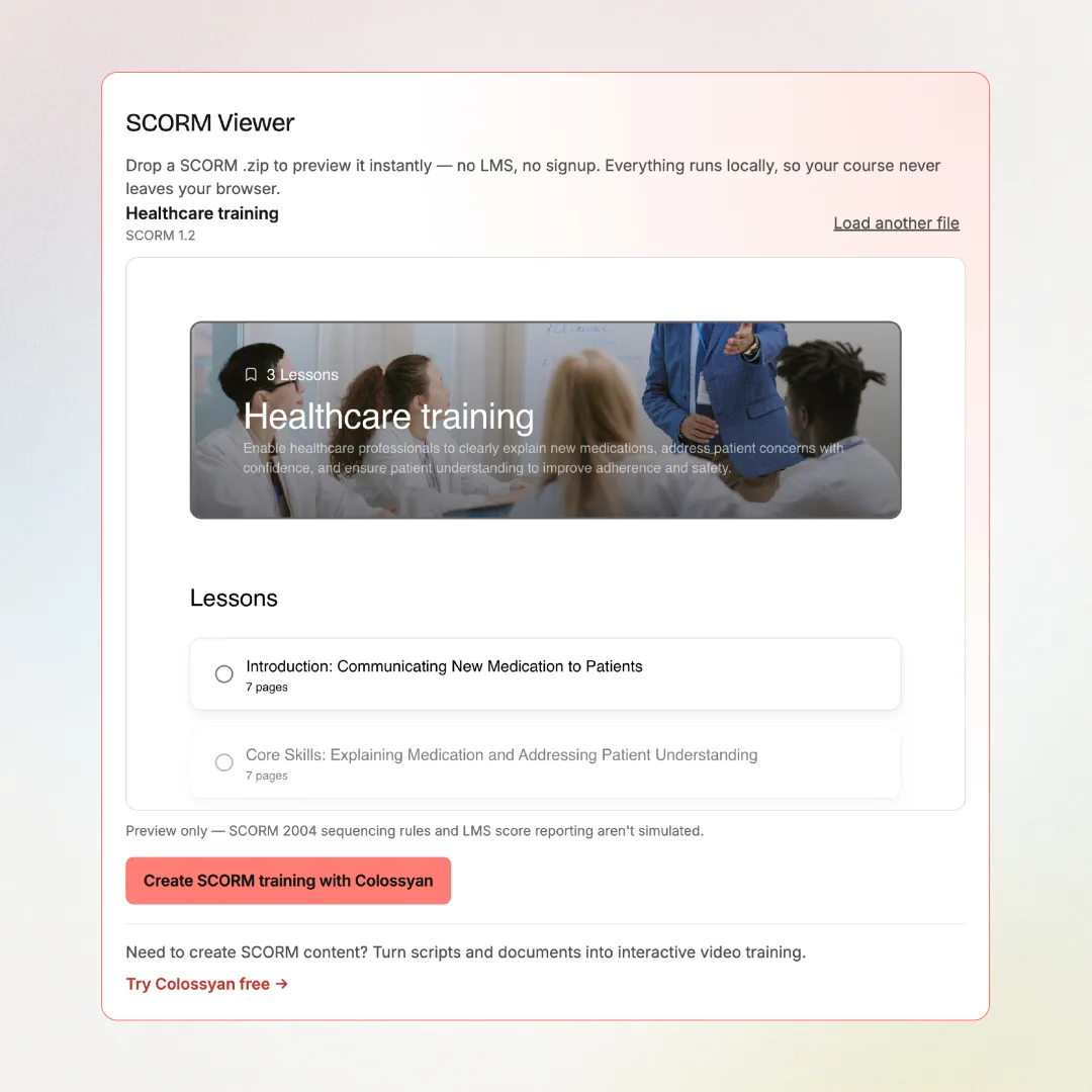 Loaded SCORM course showing its title and lesson list in the viewer