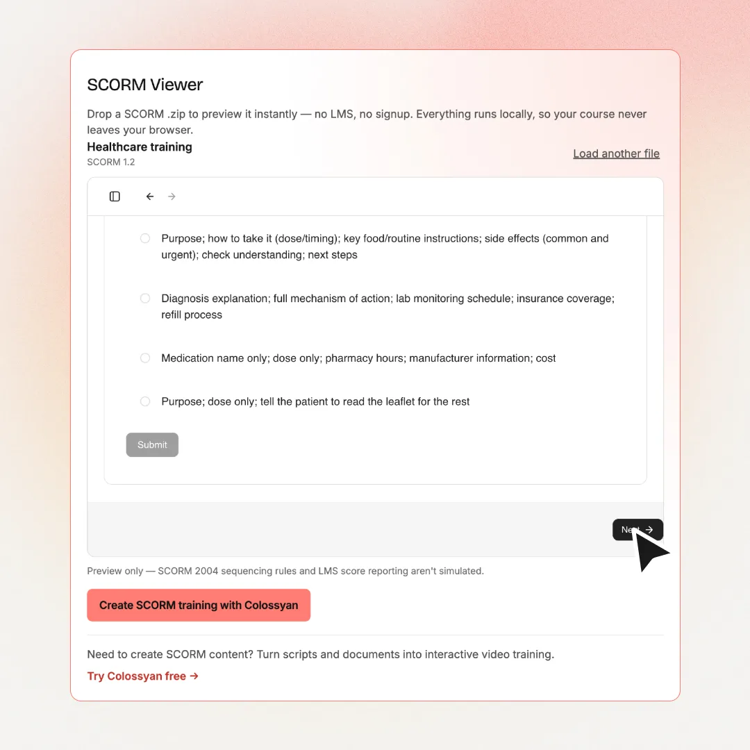 Navigating through a SCORM quiz page inside the viewer