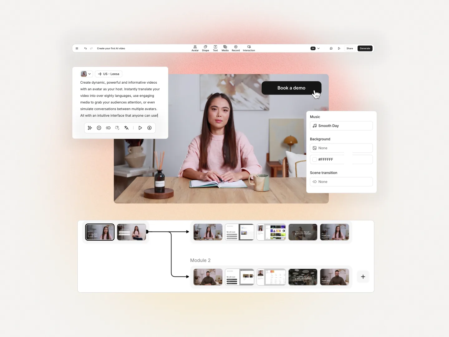 Colossyan editor showing video creation with AI avatars, layering, and interactive elements
