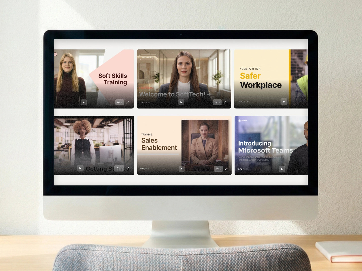 Six training videos side by side: soft skills, onboarding, workplace safety, getting started, sales enablement and a Microsoft Teams walkthrough