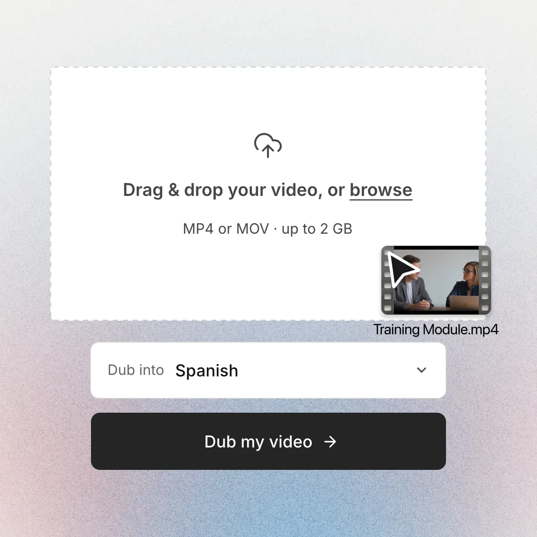 The dubbing tool with a training video dropped in and Spanish picked as the target language