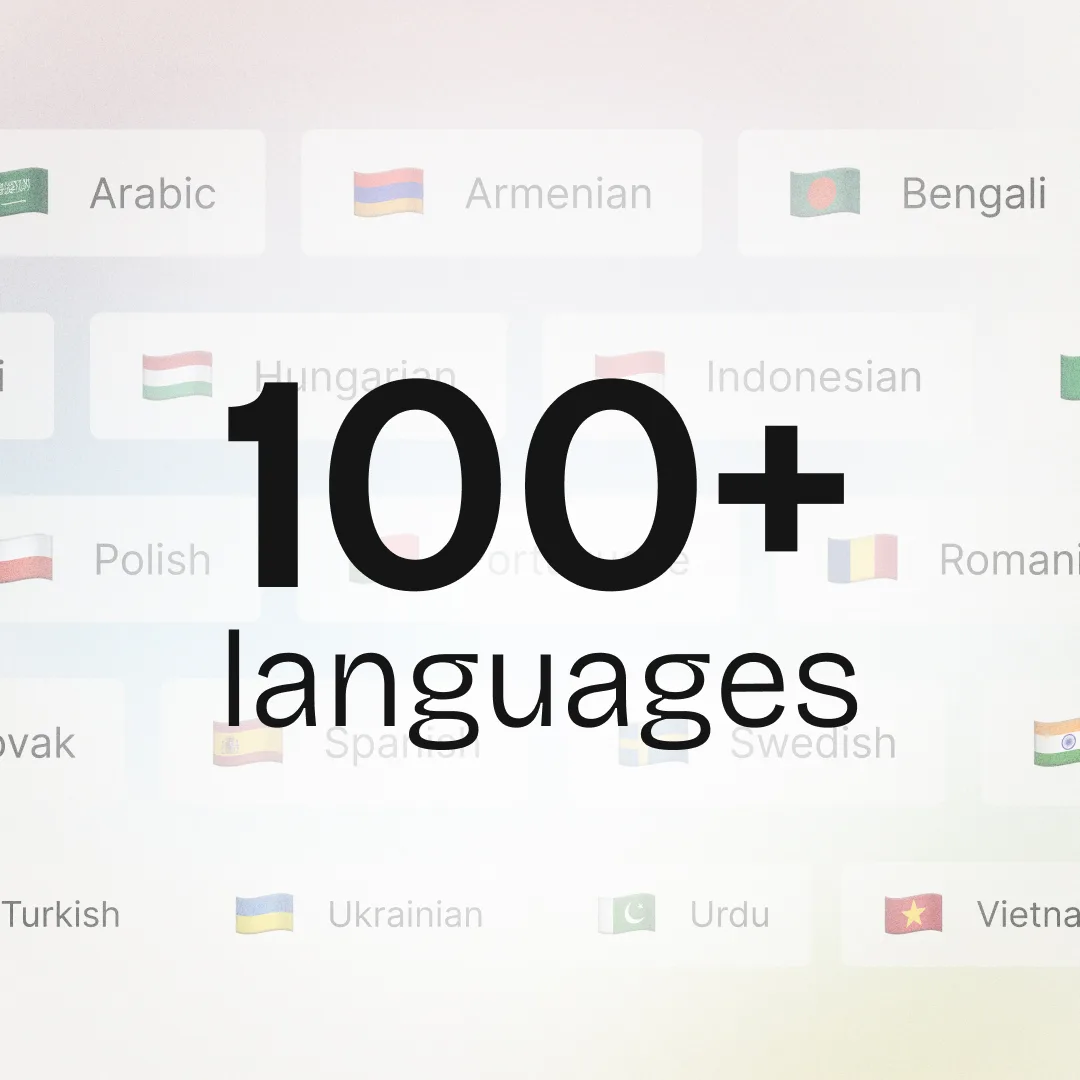 A grid of language options behind the words 100+ languages