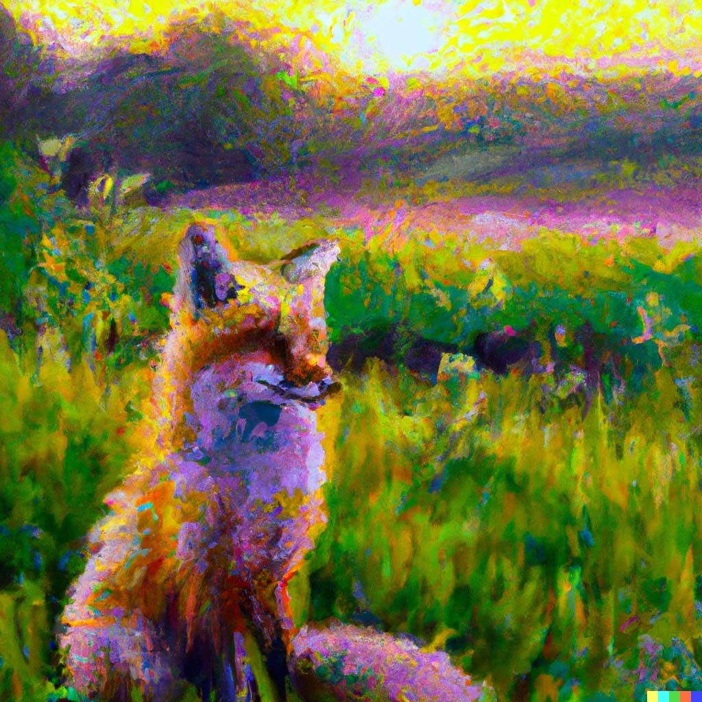 A DALL·E 2 generation of an oil painting of a fox sitting in a field