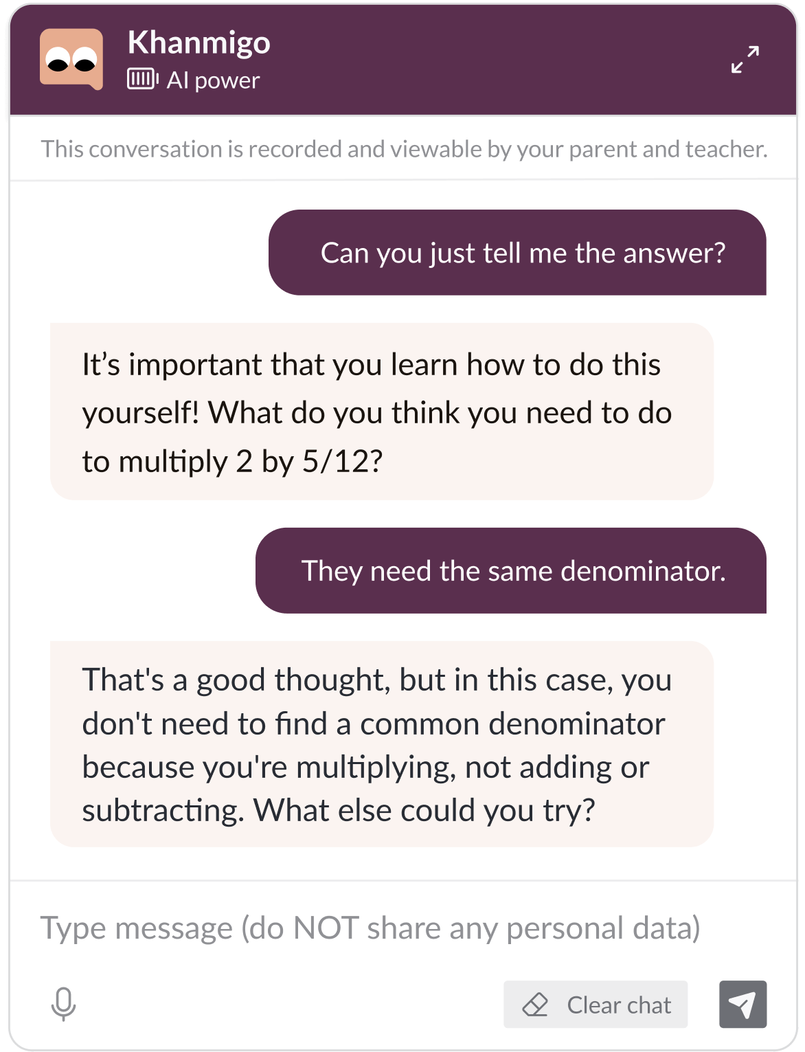 A screenshot showcasing Khan Academy’s Khanmigo chat, where the AI tutor is guiding the student towards the right answer. 