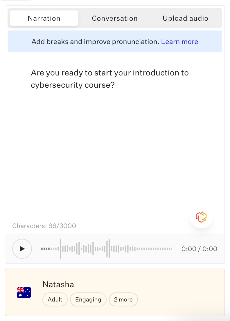 A screenshot showcasing a Text-to-Speech interface, with a field for narration, an audio player bar and a female Australian voice. 