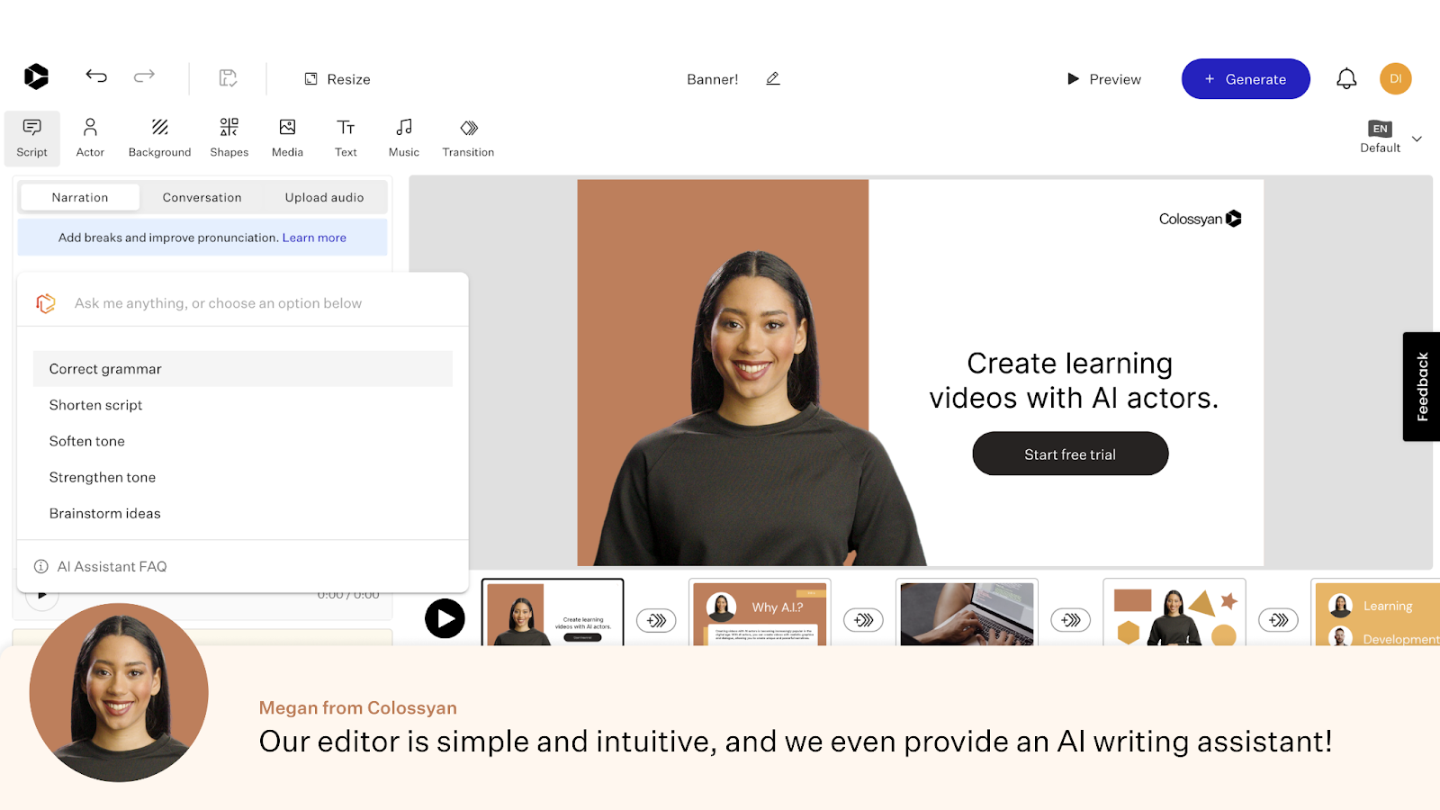 A screenshot of the Colossyan Creator editor, with a smiling AI actress and an AI writing assistant feature.