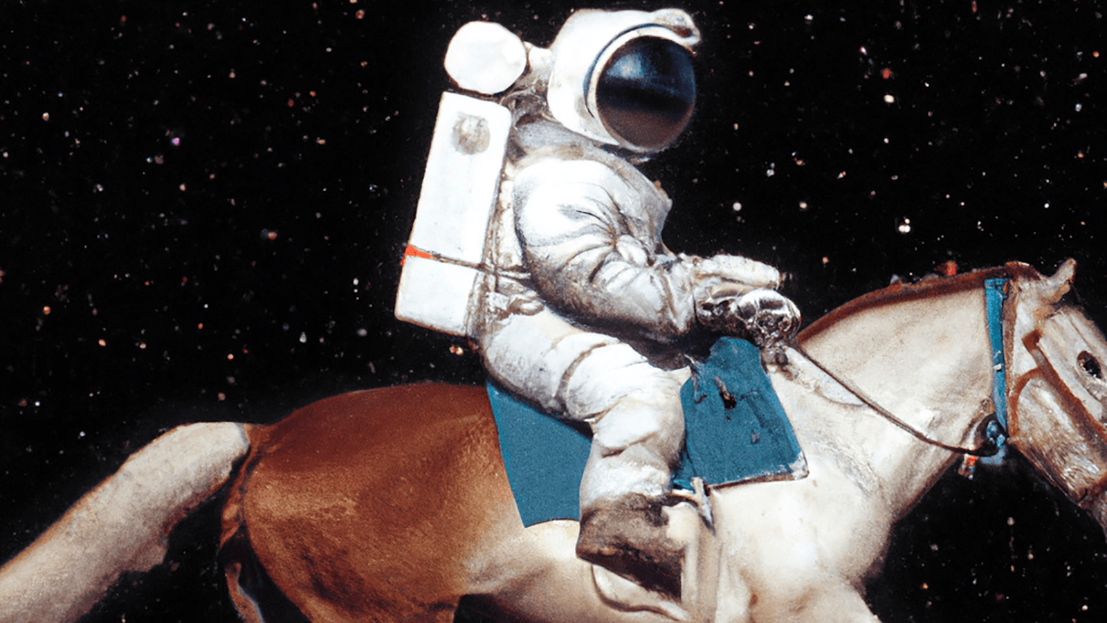 An image generated in Dall-E: a collage of an astronaut riding a horse in space.  