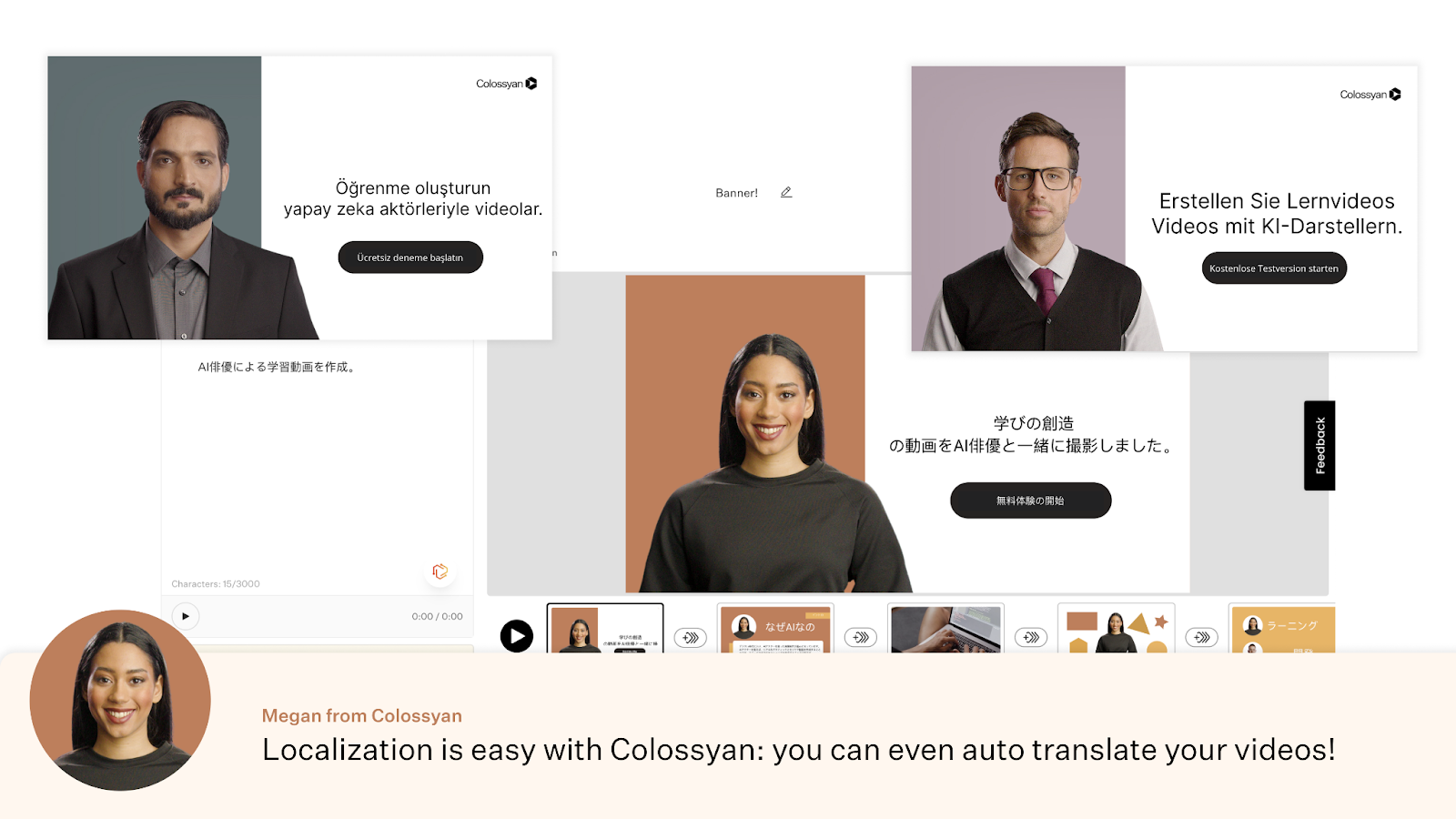 A screenshot showcasing a similar slide in three different languages: Turkish, German and Japanese. 